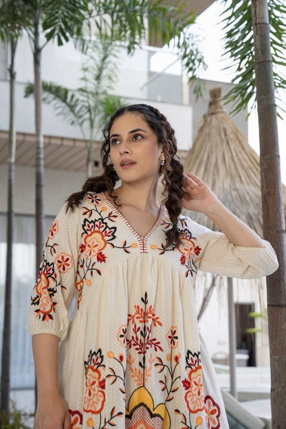 Orange and White Cotton Embroidered Dress