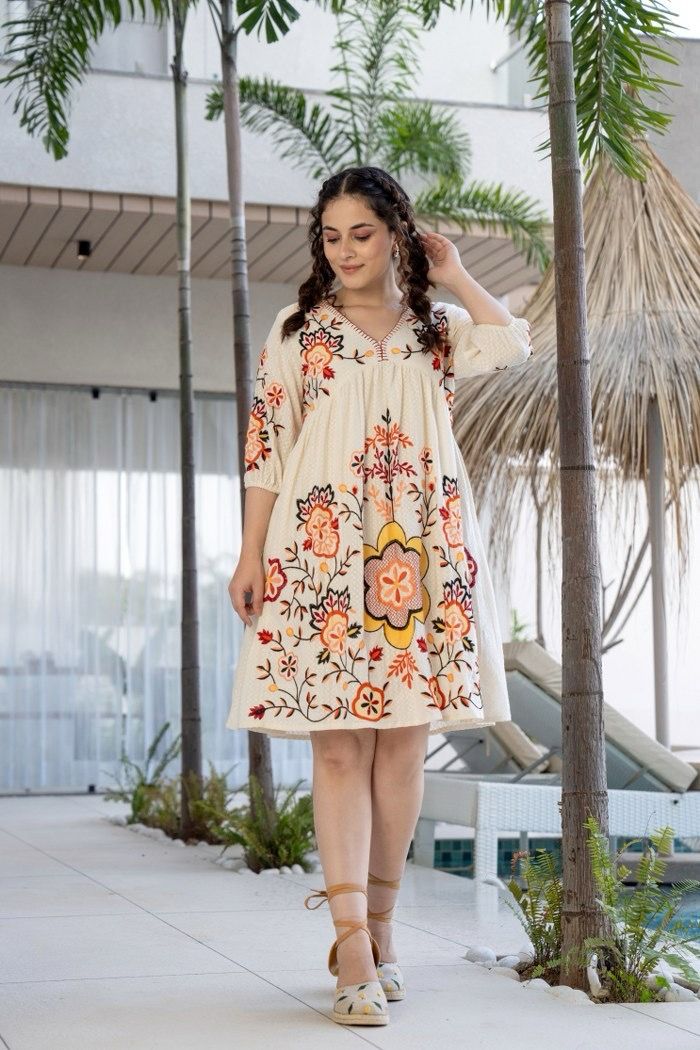 Orange and White Cotton Embroidered Dress