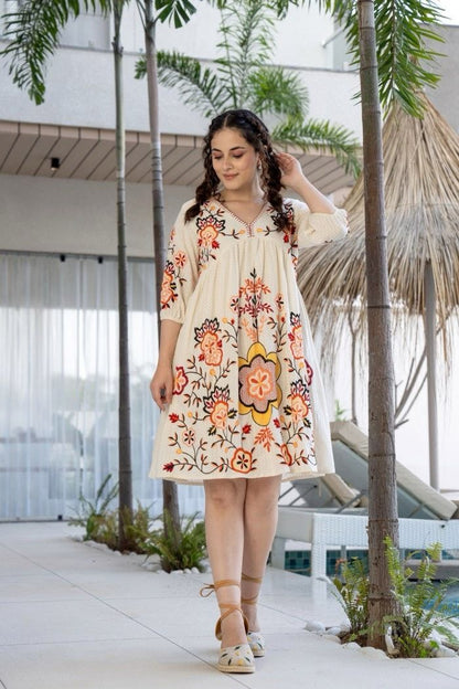 Orange and White Cotton Embroidered Dress
