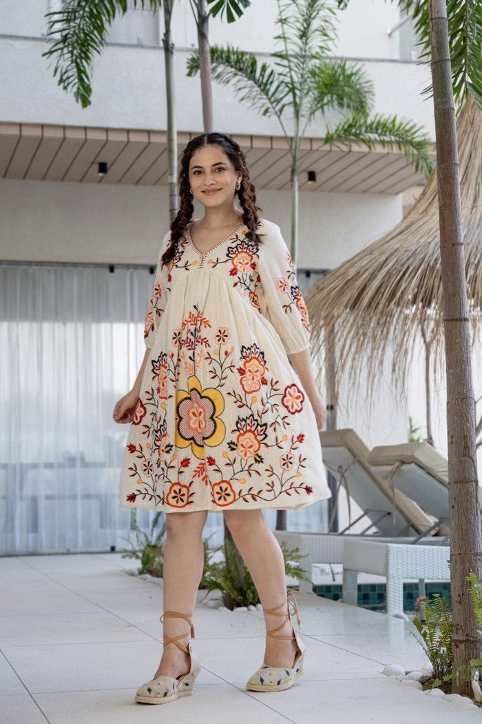 Orange and White Cotton Embroidered Dress