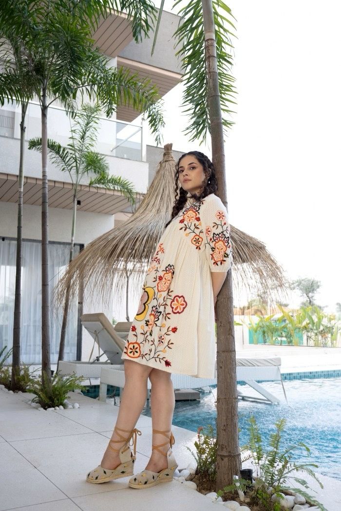 Orange and White Cotton Embroidered Dress