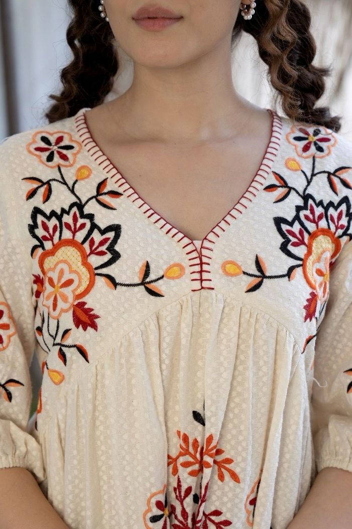 Orange and White Cotton Embroidered Dress