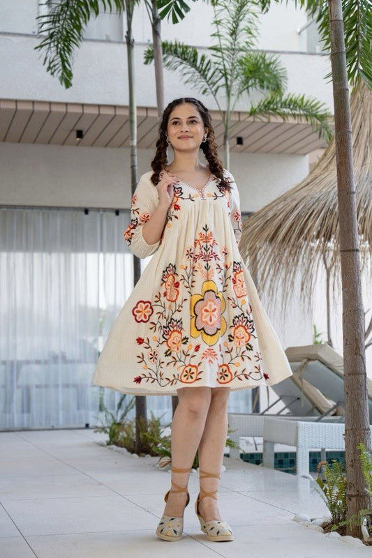 Orange and White Cotton Embroidered Dress