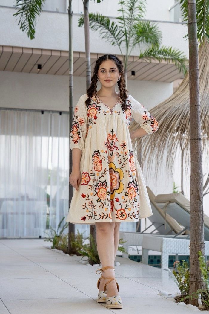 Orange and White Cotton Embroidered Dress