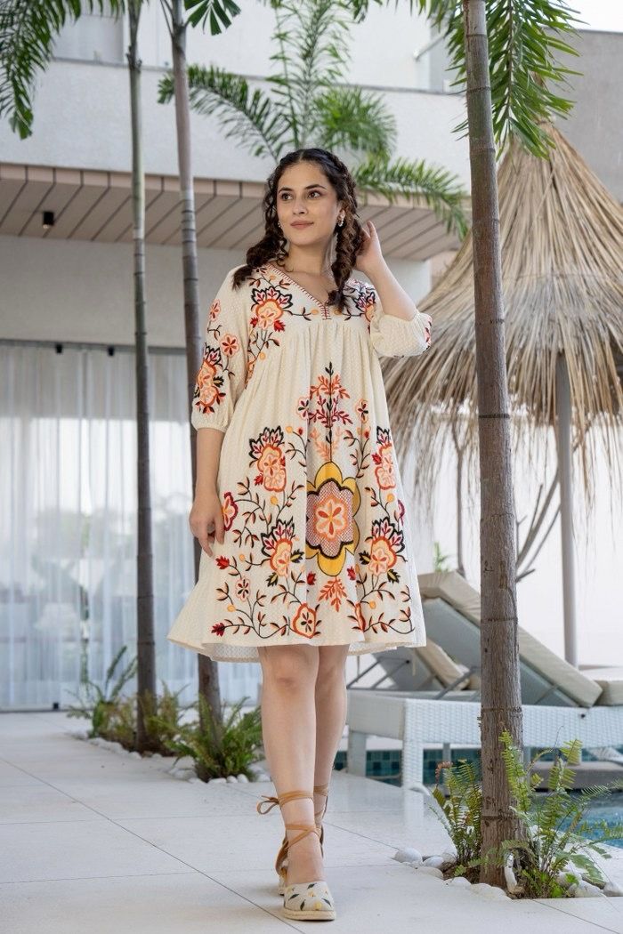 Orange and White Cotton Embroidered Dress