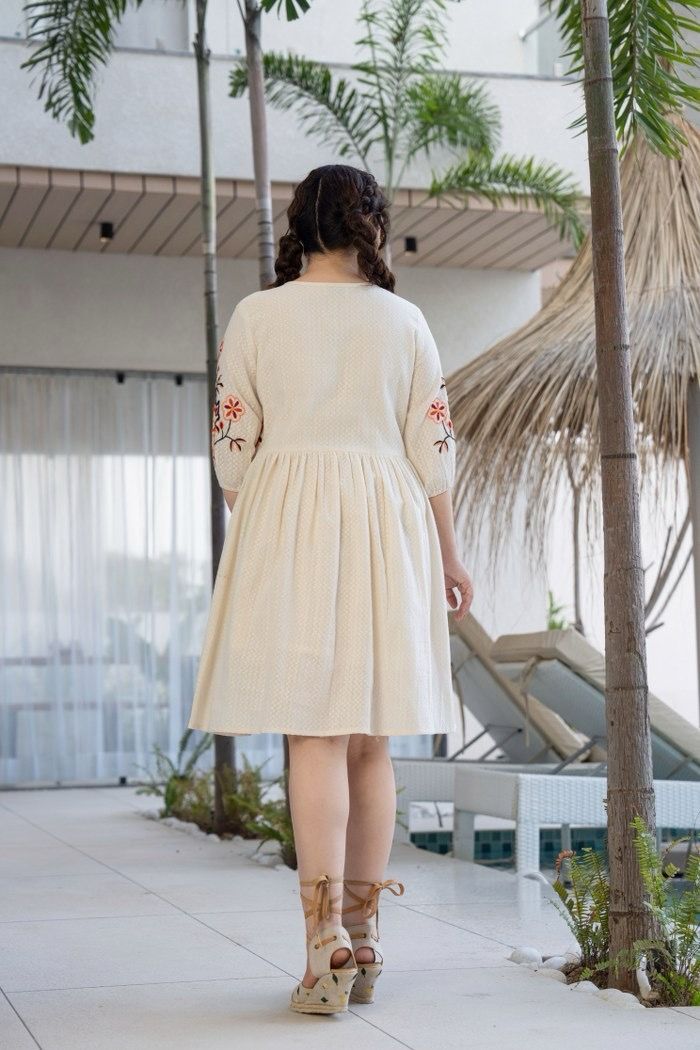 Orange and White Cotton Embroidered Dress