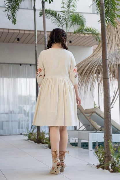 Orange and White Cotton Embroidered Dress