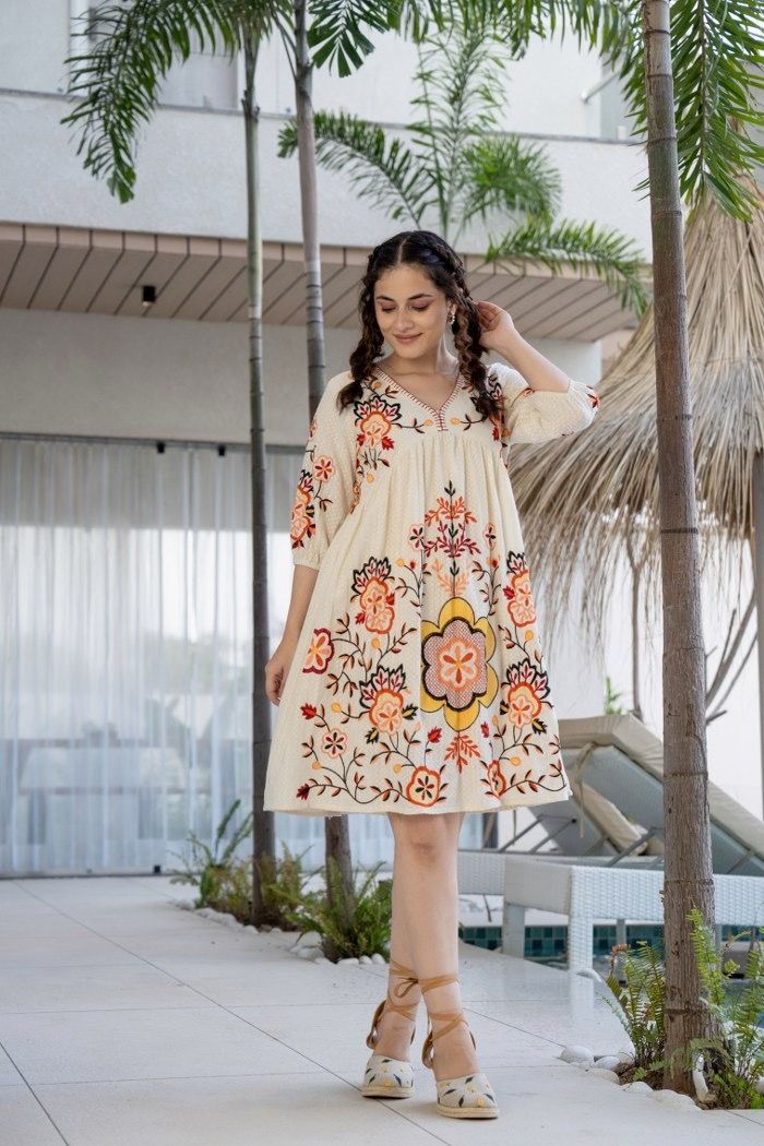 Orange and White Cotton Embroidered Dress