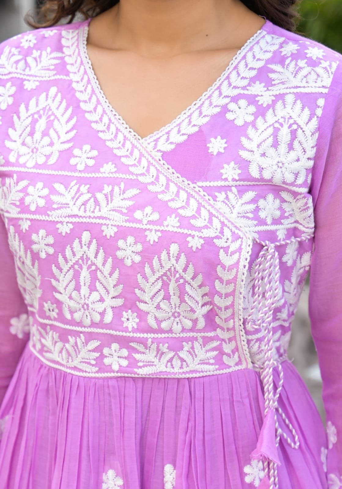 Lavender Malmal Embroidered Anarkali Pant and Dupatta