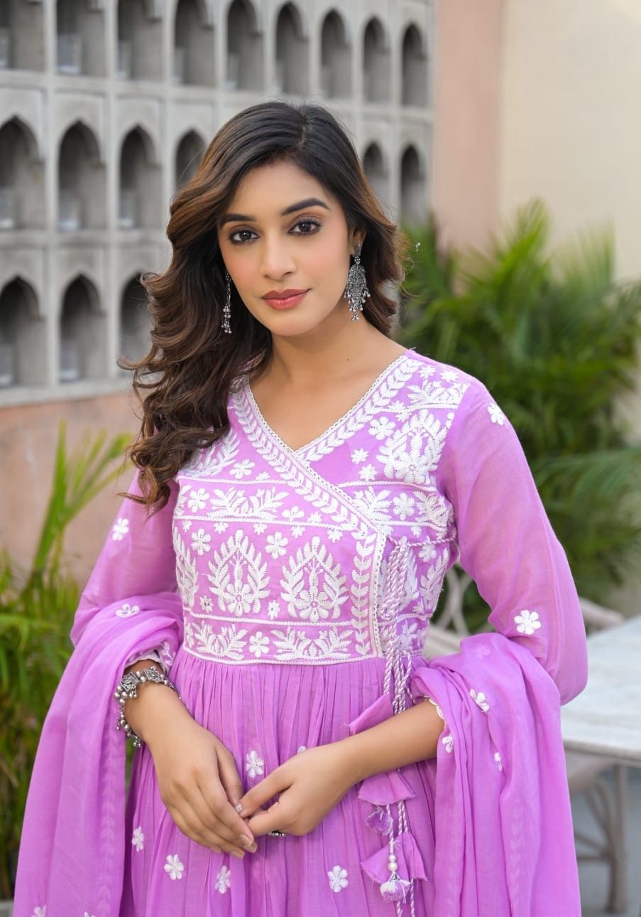 Lavender Malmal Embroidered Anarkali Pant and Dupatta