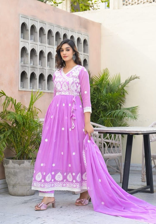 Lavender Malmal Embroidered Anarkali Pant and Dupatta
