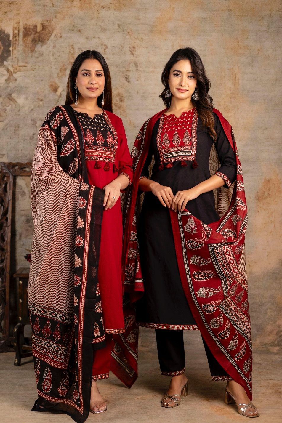 Red Black Cotton Straight Printed Kurta and Pant with Lehariya Dupatta