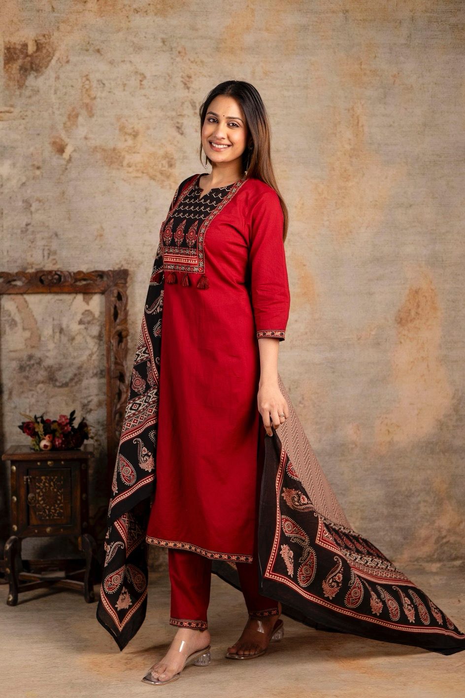 Red Black Cotton Straight Printed Kurta and Pant with Lehariya Dupatta