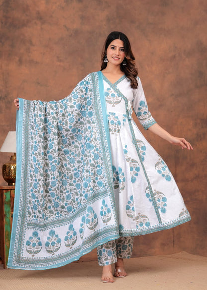 White and Sky blue Cotton Printed Anarkali Pant Dupatta