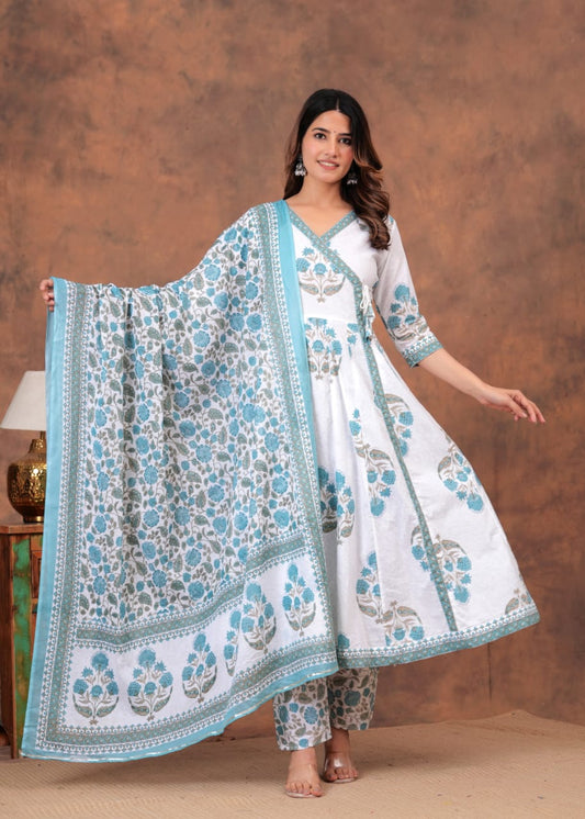 White and Sky blue Cotton Printed Anarkali Pant Dupatta