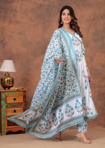 White and Sky blue Cotton Printed Anarkali Pant Dupatta