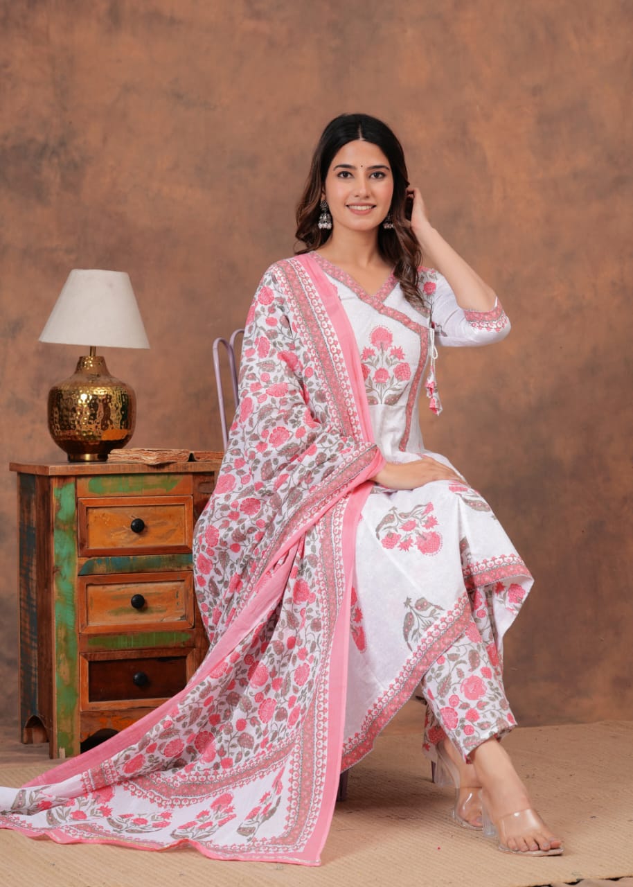 White and Pink Cotton Printed Anarkali Pant Dupatta