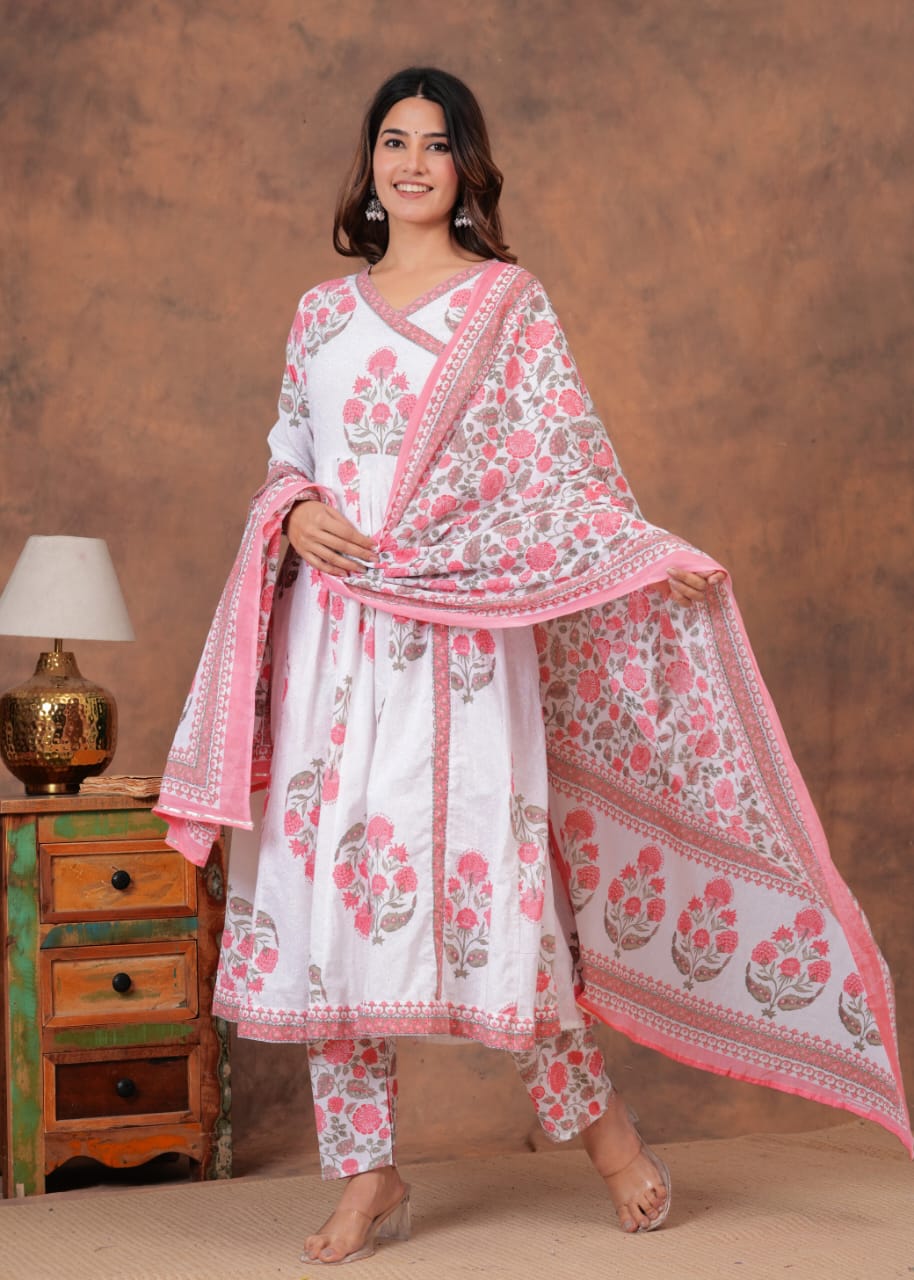 White and Pink Cotton Printed Anarkali Pant Dupatta