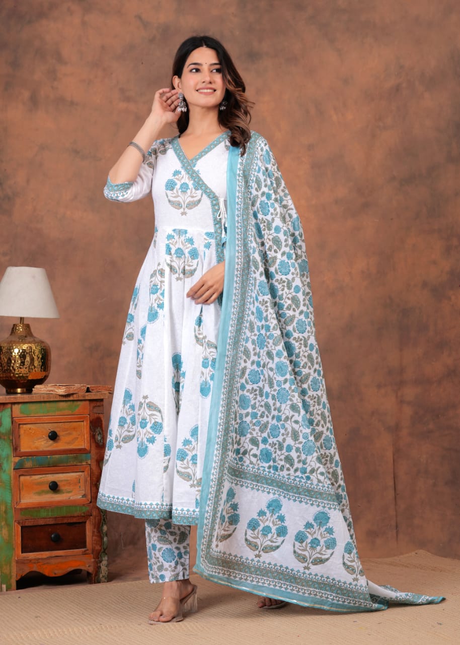 White and Sky blue Cotton Printed Anarkali Pant Dupatta