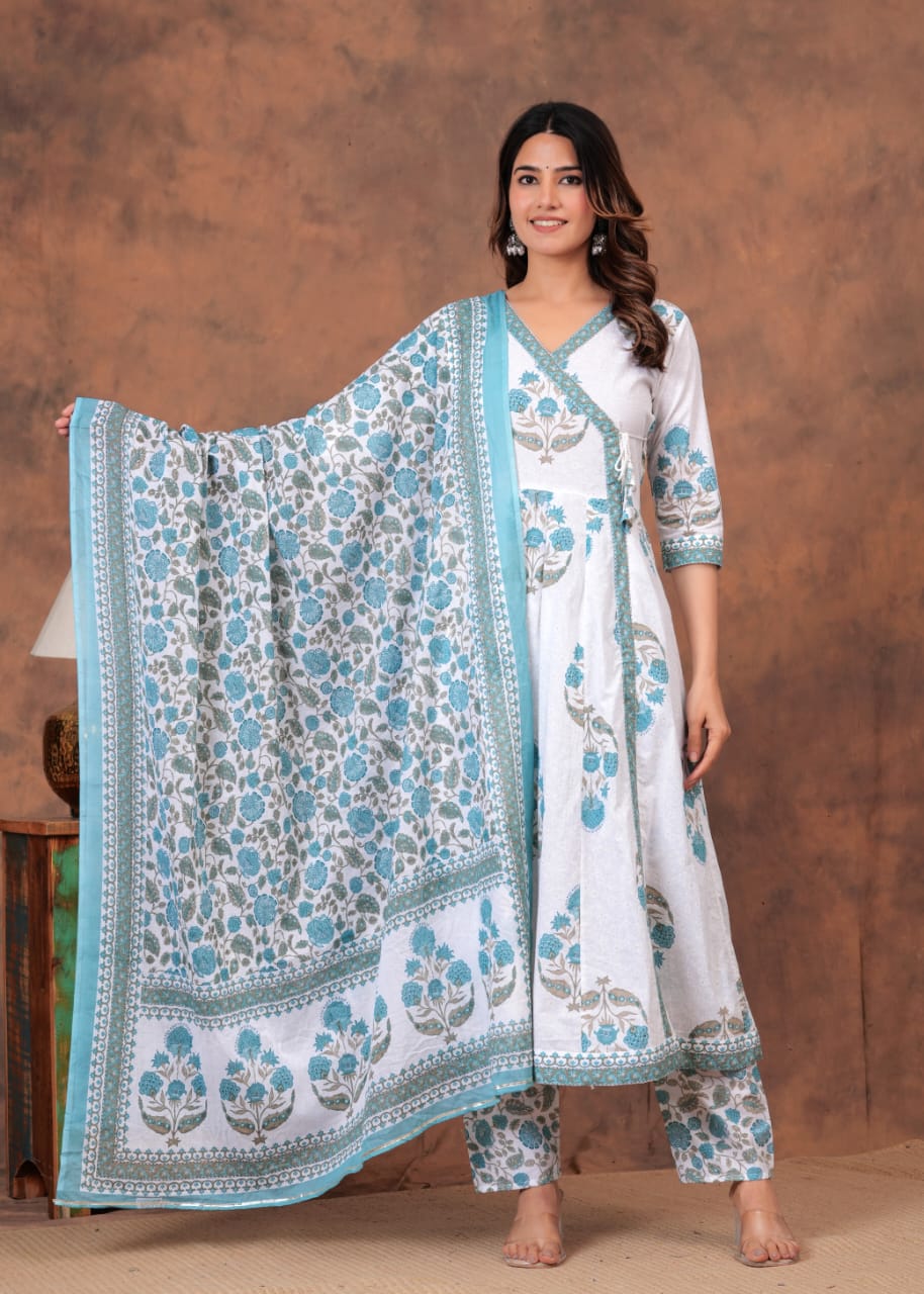 White and Sky blue Cotton Printed Anarkali Pant Dupatta