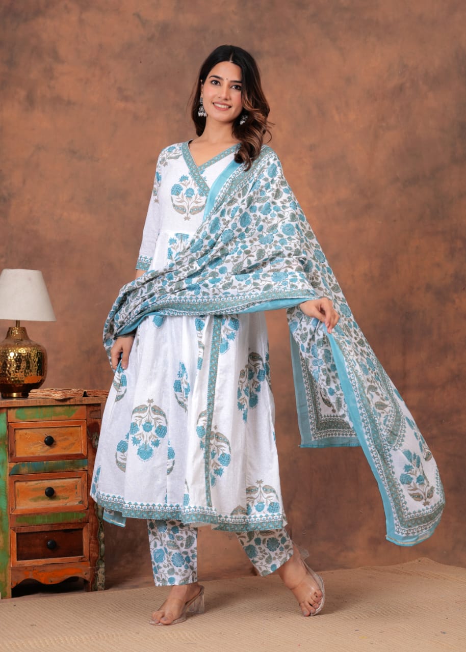 White and Sky blue Cotton Printed Anarkali Pant Dupatta