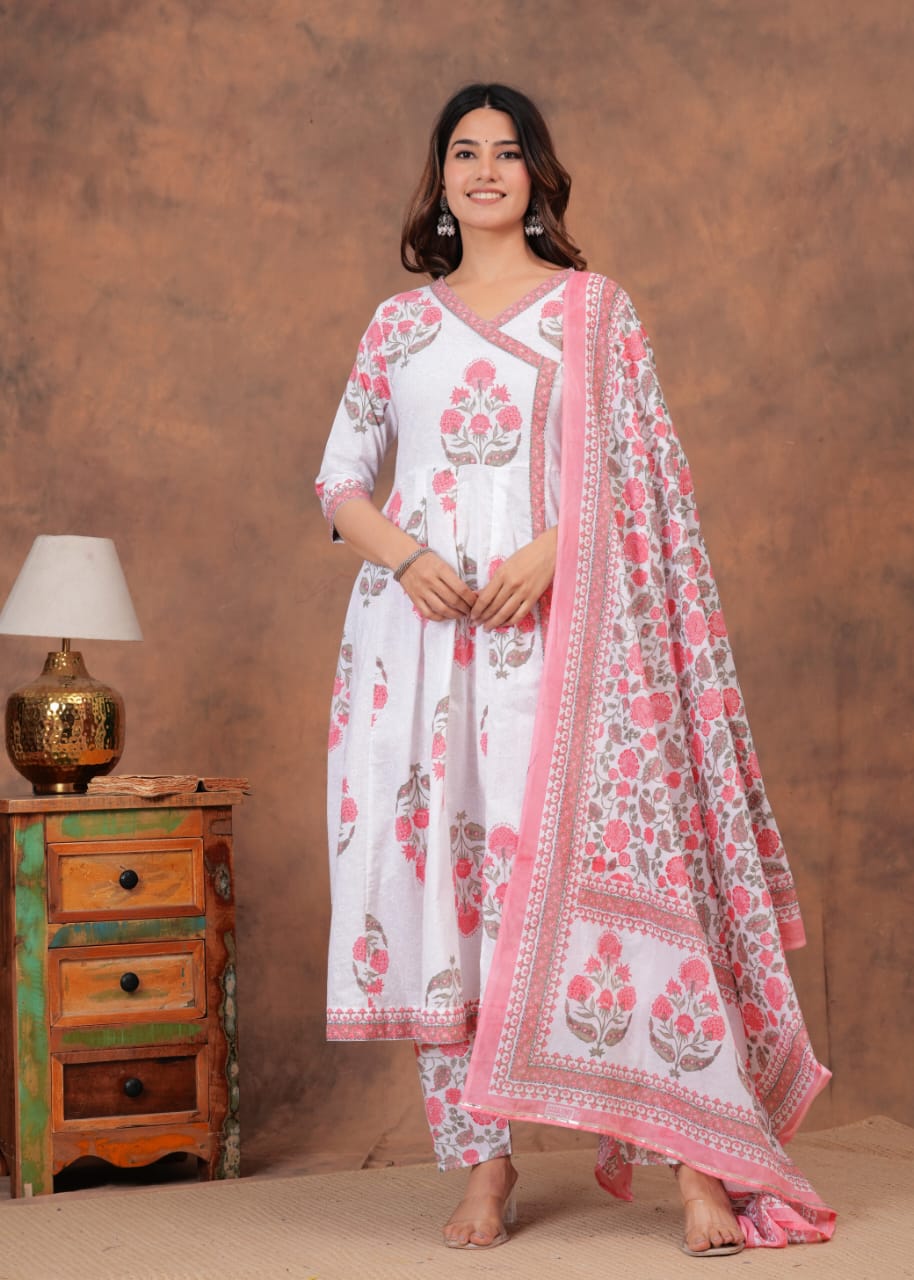 White and Pink Cotton Printed Anarkali Pant Dupatta