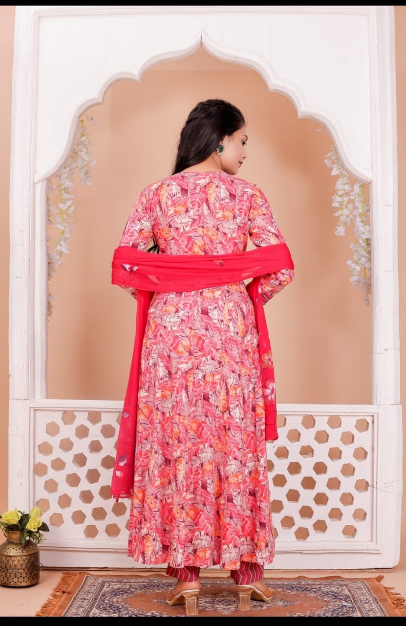 Red Rayon Printed Anarkali Kurta Pant Dupatta
