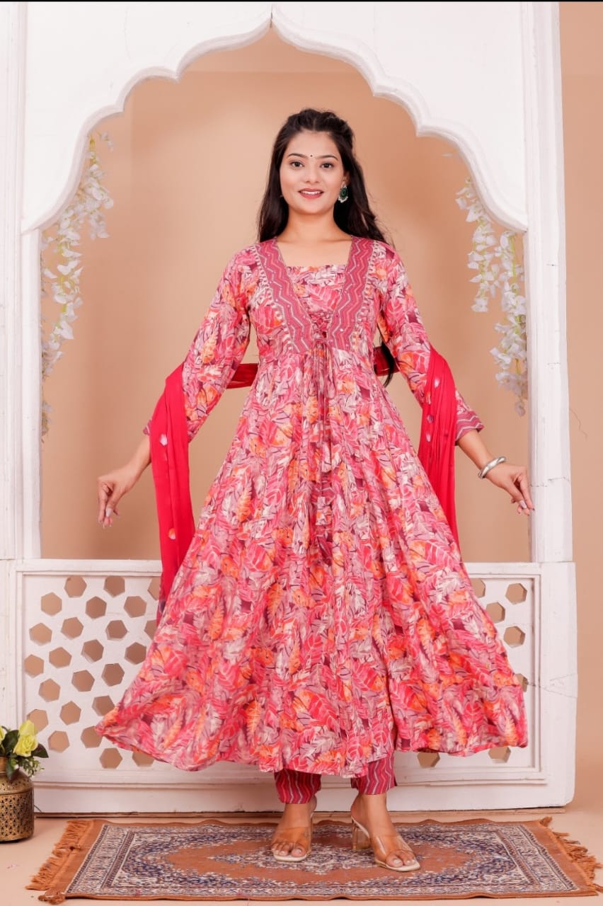 Red Rayon Printed Anarkali Kurta Pant Dupatta