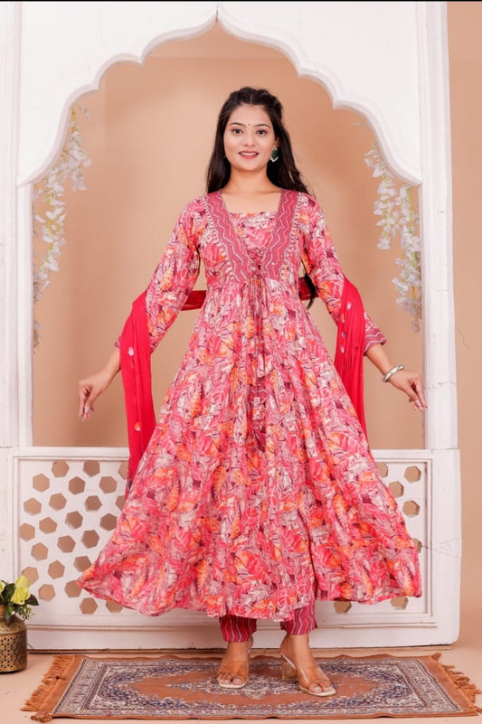 Red Rayon Printed Anarkali Kurta Pant Dupatta