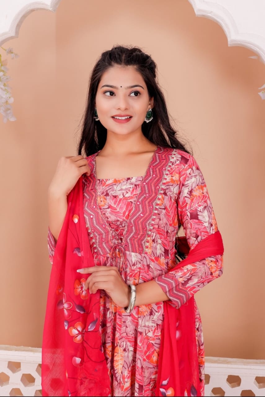 Red Rayon Printed Anarkali Kurta Pant Dupatta