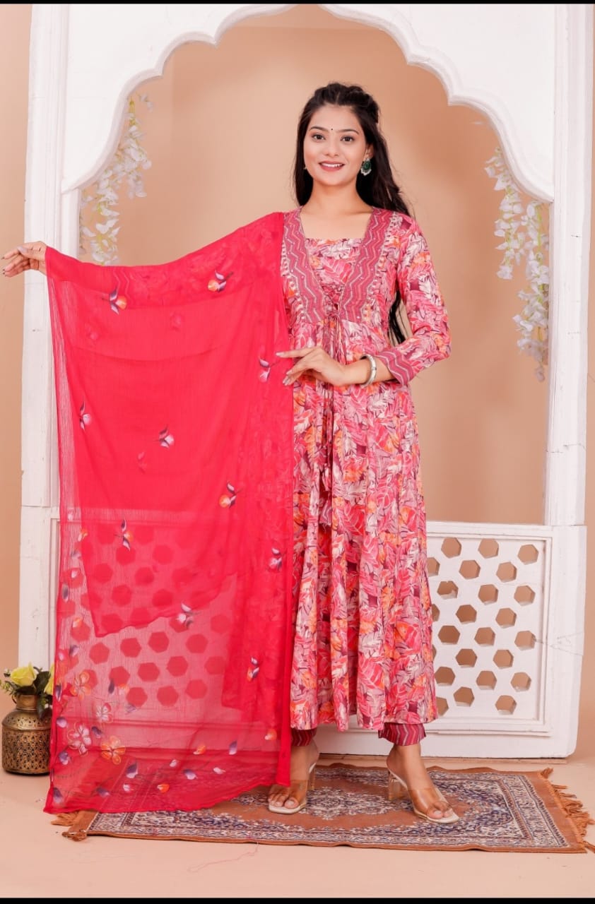 Red Rayon Printed Anarkali Kurta Pant Dupatta