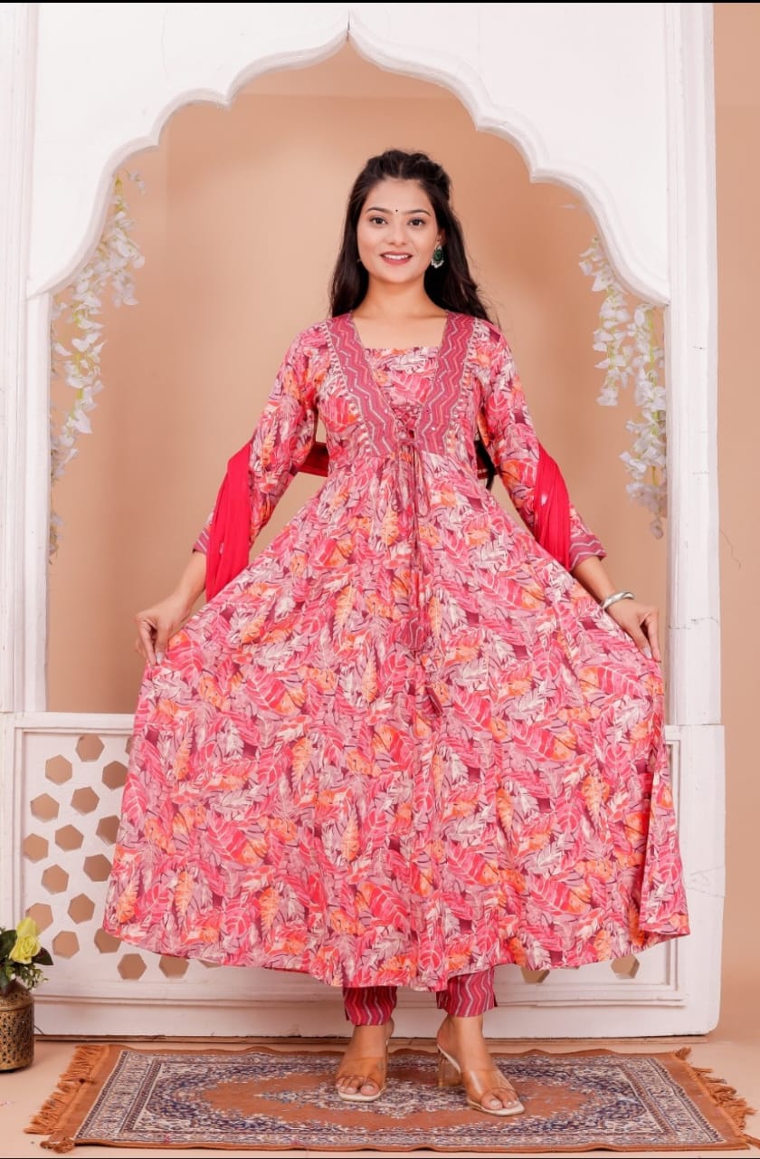 Red Rayon Printed Anarkali Kurta Pant Dupatta
