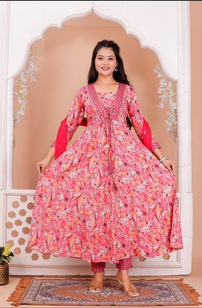Red Rayon Printed Anarkali Kurta Pant Dupatta