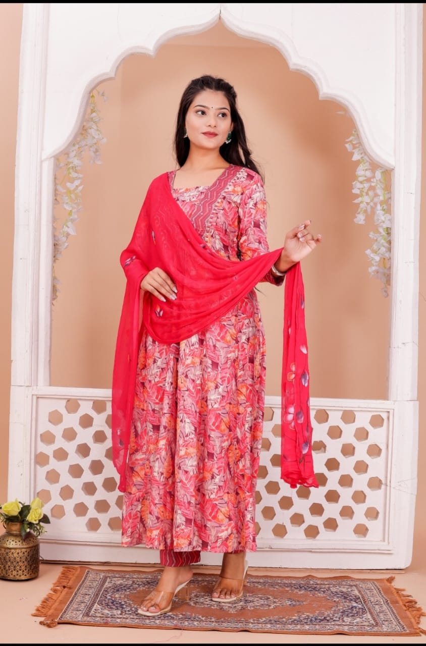Red Rayon Printed Anarkali Kurta Pant Dupatta