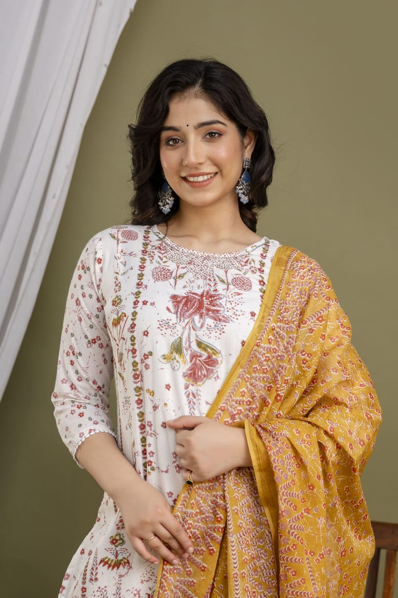 White Malmal Printed Straight Kurta with Mustard Yellow Printed pant Dupatta