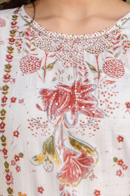White Malmal Printed Straight Kurta with Mustard Yellow Printed pant Dupatta