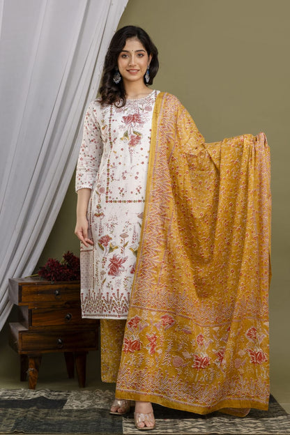 White Malmal Printed Straight Kurta with Mustard Yellow Printed pant Dupatta