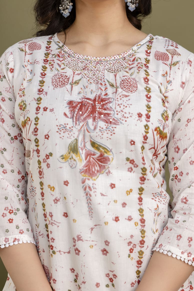 White Malmal Printed Straight Kurta with Mustard Yellow Printed pant Dupatta
