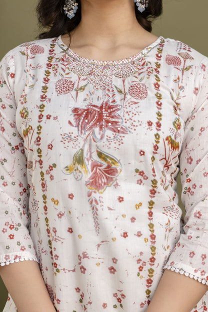 White Malmal Printed Straight Kurta with Mustard Yellow Printed pant Dupatta