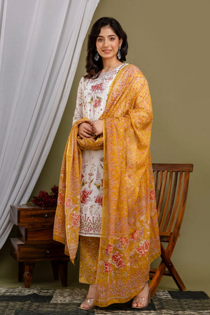 White Malmal Printed Straight Kurta with Mustard Yellow Printed pant Dupatta