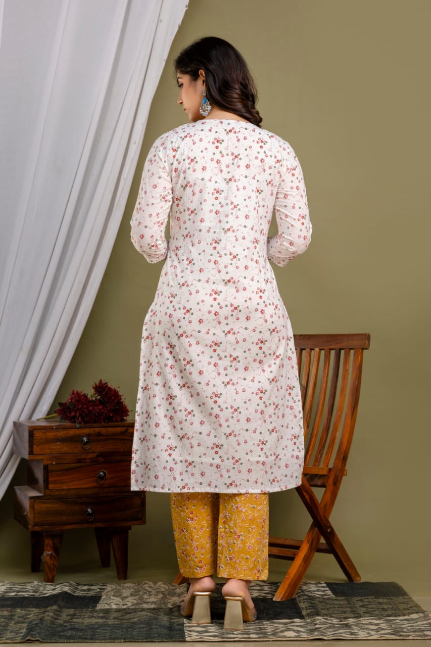 White Malmal Printed Straight Kurta with Mustard Yellow Printed pant Dupatta
