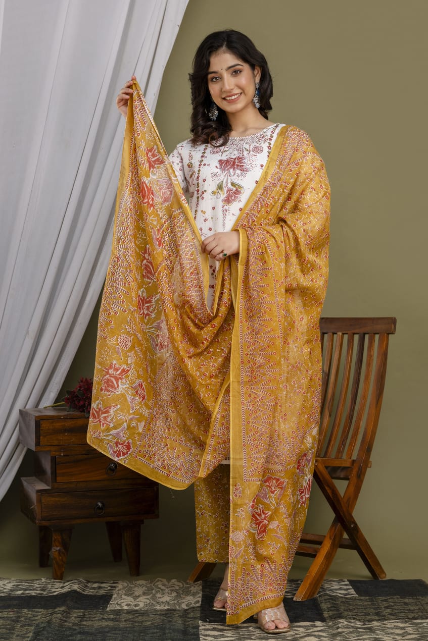 White Malmal Printed Straight Kurta with Mustard Yellow Printed pant Dupatta
