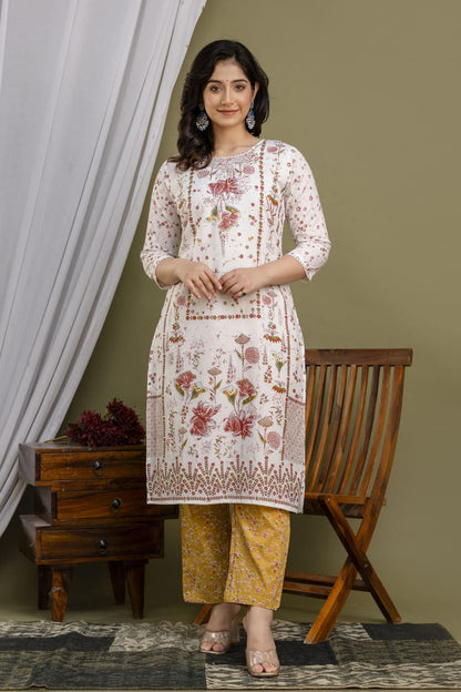 White Malmal Printed Straight Kurta with Mustard Yellow Printed pant Dupatta