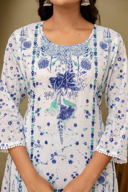 White Malmal Printed Straight Kurta with Blue Printed pant Dupatta