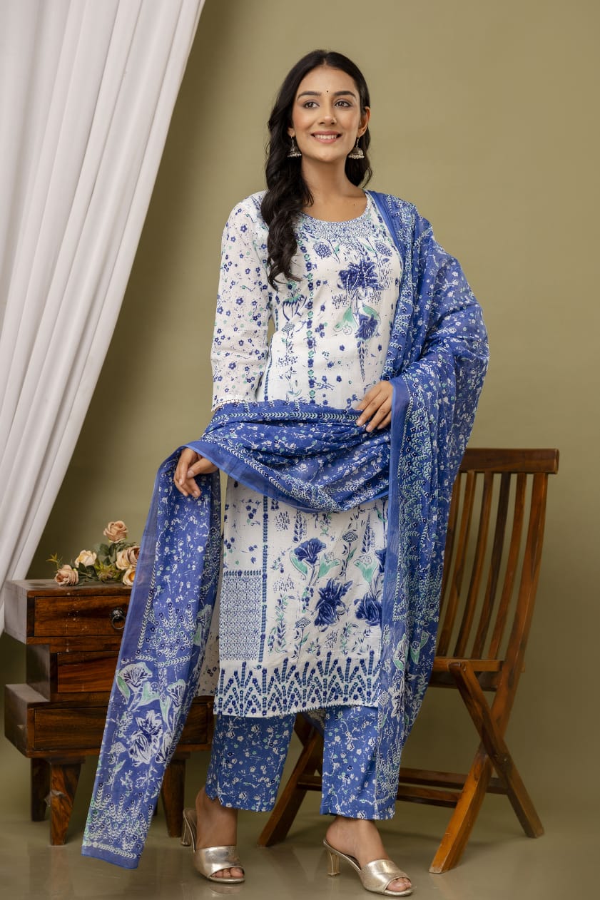 White Malmal Printed Straight Kurta with Blue Printed pant Dupatta
