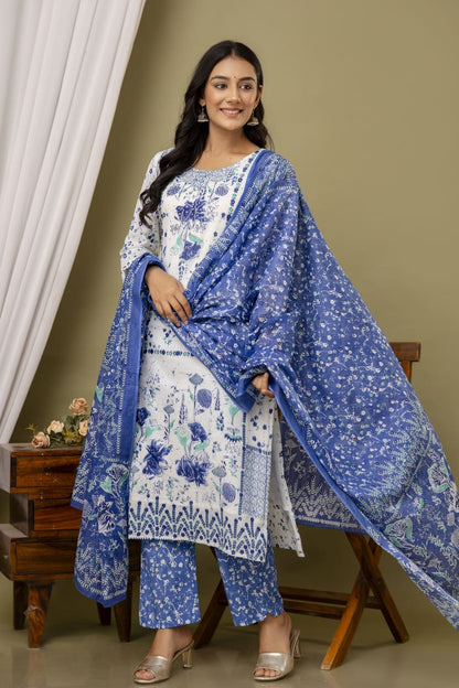 White Malmal Printed Straight Kurta with Blue Printed pant Dupatta