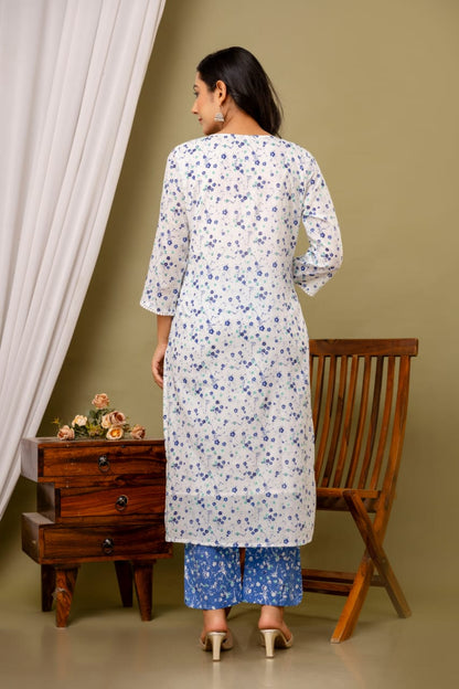 White Malmal Printed Straight Kurta with Blue Printed pant Dupatta