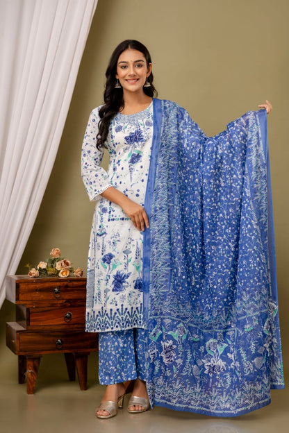 White Malmal Printed Straight Kurta with Blue Printed pant Dupatta