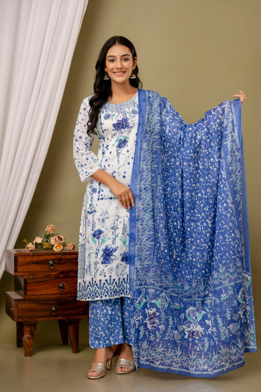 White Malmal Printed Straight Kurta with Blue Printed pant Dupatta