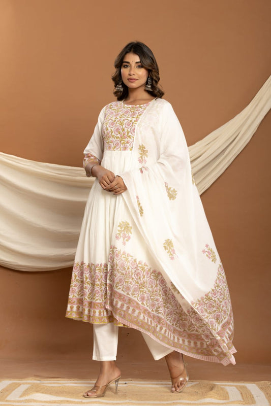 White Malmal Printed Anarkali Kurta with sequence work ,pant and Dupatta
